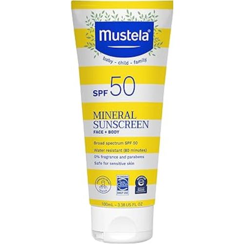 Mustela Baby Mineral Sunscreen Lotion SPF 50 Broad Spectrum - Face & Body Sun Lotion for Sensitive Skin - Water Resistant & Fragrance Free - Regular & Family Size