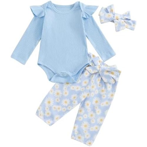 Kaipiclos Newborn Infant Girl Clothes Rib Knit Romper Daisy Print Pants Headband Baby Clothes for Girls 0 3 6 12 18 24 Months