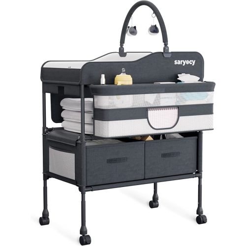 Baby Changing Table with Storage, Versatile Folding Changing Table, Baby Changing Station, Removable Wheels, 4 Adjustable Height, Waterproof, Mobile Nursery for Infant and Newborn