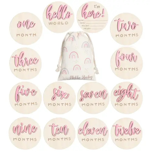 3D Baby Milestone Wooden Circles Hello World Newborn Sign 7 Pack Double Sided Monthly Milestone Cards Sign Baby Announcement Sign for Newborn Shower Photo Props(Pink)