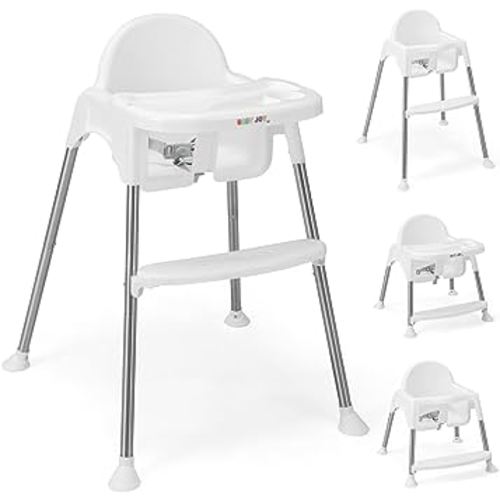 BABY JOY Baby High Chair, 4 in 1 Convertible Highchair for Babies & Toddlers with Adjustable Legs, Double Removable Tray, Safety Harness & Footrest (White)