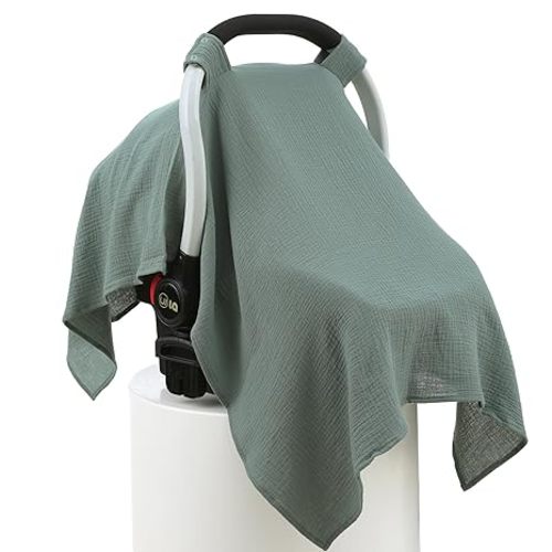 100% Muslin Cotton Car Seat Cover Baby, Carseat Canopy Cover, Universal Fit Stroller Covers for Boys and Girls (Roman Green)