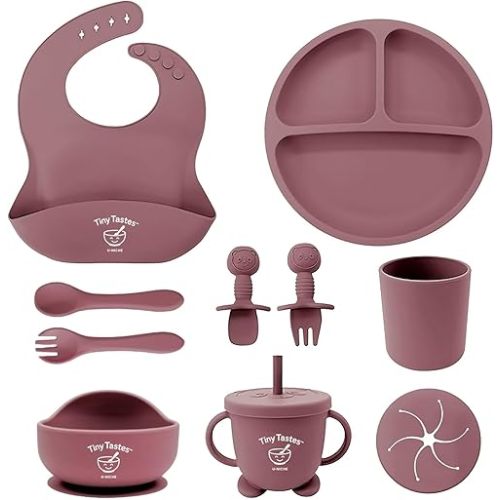 10-Piece Silicone Baby Feeding Set – BPA-Free, Spill-Proof Suction Plate, Bowl, Bib, Snack Cup & Utensils | Dishwasher Safe, Baby Gift Ready (Dark Pink)