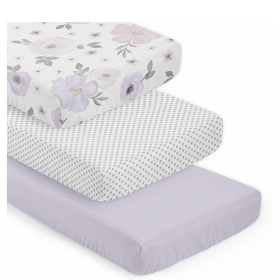 Watercolor Floral Lavender and Grey Collection 3 Pack Crib Sheets