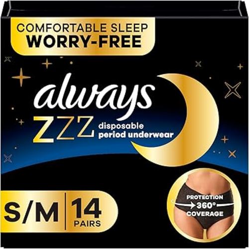 Always ZZZ Overnight Disposable Period Underwear for Women Small/Medium, 360° Coverage for Worry-Free Nights, 14 Count (2 Packs of 7)