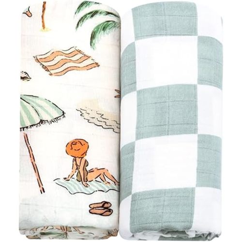 LifeTree Muslin Swaddle Blankets Neutral, Baby Swaddling Wrap Nursery Blanket for Boys & Girls Neutral, Soft 70% Viscose from Bamboo and 30% Cotton, Large 47 x 47 inches, Sandy Beach & Checkered