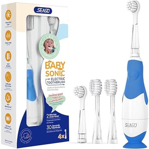 SEAGO Toddler Electric Toothbrushes for Baby Ages 0-3 Years, Baby Toothbrush with Smart Timer and Suction Base, 4 Replacement Brushheads (Navy-C)