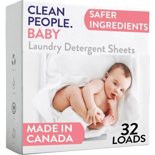 The Clean People Unscented Baby Laundry Detergent Sheets - Hypoallergenic - Ultra Concentrated, Recyclable Packaging, Fights Stains & Odors on Baby Clothes & Bedding - Fragrance Free, 32 Pack