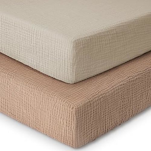 Muslin Crib Sheets for Girl Boy, 100% Cotton Baby Crib Sheets for Standard Crib and Toddler Mattress 52"x28", 2 Pack Soft Breathable Fitted Crib Mattress Sheet, Beige & Bown