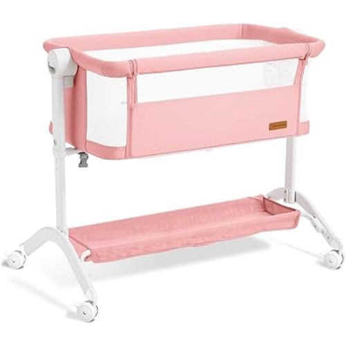 Bassinet Bedside Sleeper - All-Mesh Design, Portable Bedside Bassinet for Baby with Washable Mattress, 5 Adjustable Heights (Pink)
