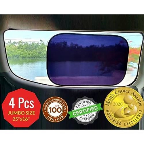 kinder Fluff Car Window Shade (4Pack)-The Only Certified Cockpit & Car Window Sun Shade for Baby & Pilots Proven to Block 99.95% UVR -Mom's Choice Gold Award- Aircraft & Car Seat Sun Protection - XL