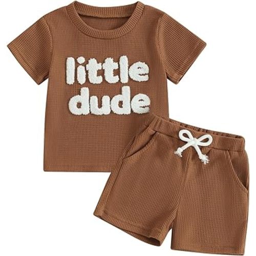 NZNDSHD Summer Baby Boy Clothes Short Sleeve Little Dude Mamas Boy Embroidered T-Shirt Tops Shorts Set Waffle Knit Outfit
