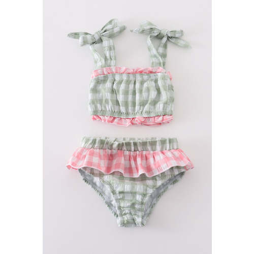 Green seersucker gingham 2pc girl swimsuit – HoneyBean
