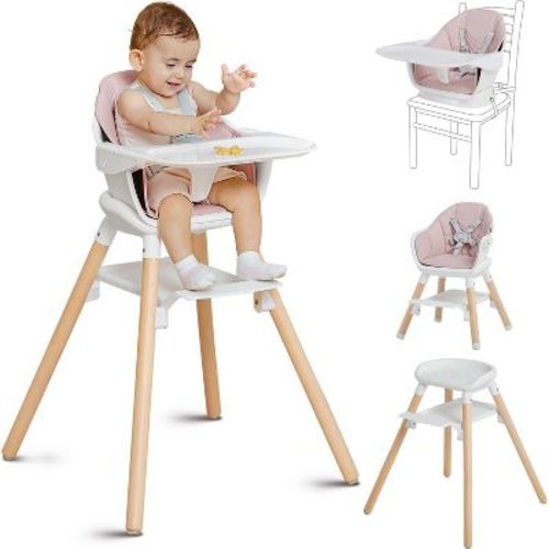 BabyBond Convertible Wooden Baby High Chair - 11 in 1 Design for High Chair, Booster Seat, Toddler Chair - Double Tray, 5-point Harness, Pink