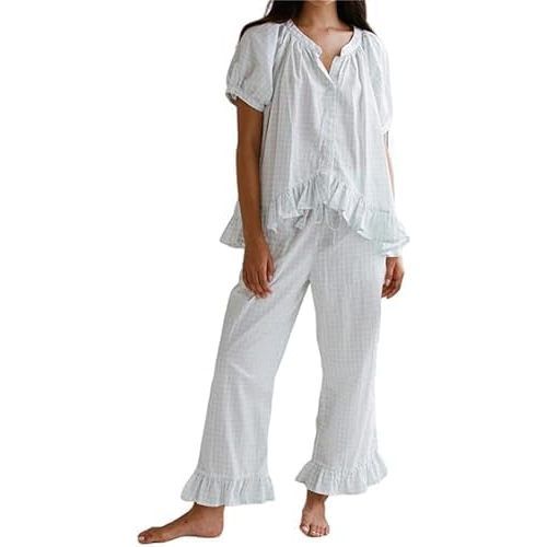 Women's Plaid 2 Piece Pajamas Outfits Button Up Short Sleeve Babydoll Shirts + Ruffle Pants Pj Lounge Set Sleepwear