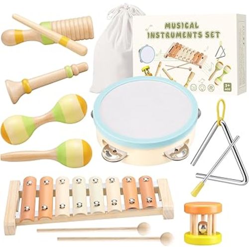 Baby Musical Instruments Montessori Wooden Music Toys Set 1-3 Gifts Kids Toddler Percussion Drum Modern Boho Xylophone with Storage Bag Boys Girls Birthday Christmas Preschool Learning Gifts