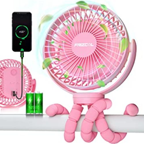 FRIZCOL Portable Stroller Fan, Use As Power Bank, 55H 12000mAh Battery Operated Fan Flexible Tripod Baby Car Seat Fan, Personal Mini Handheld/Desk/Small Clip On Fans For Stroller, Carseat (Pink)