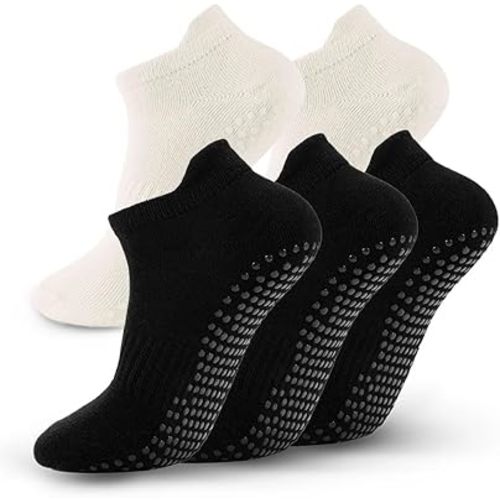 5 Pairs Pilates Socks with Grips for Women Non Slip Grip Yoga Crew Socks for Barre Hospital Barefoot Workout