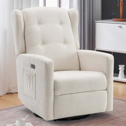 Power Swivel Rocking Recliner Chair, Electric Rocker Nursery Glider Chair, USB and Type-C Ports, Upholstered Fabric Reclining Single Sofa Chair for Living Room (Beige)