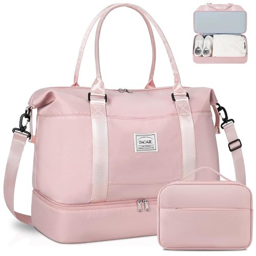 BAGAIL Travel Duffel Bag, Weekender Bags for Women, Overnight Gym Carry On Tote Bag with Wet Pocket, Hospital Mom Bag for Labor and Delivery - Extra Large Set, Pink