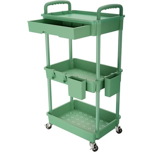 REBECAT 3 Tier Rolling Utility Cart with Drawer,Rolling Storage Cart,Storage Cart for Kitchen,Bathroom,Living Room, Organizer with Iron Wheels(Green)