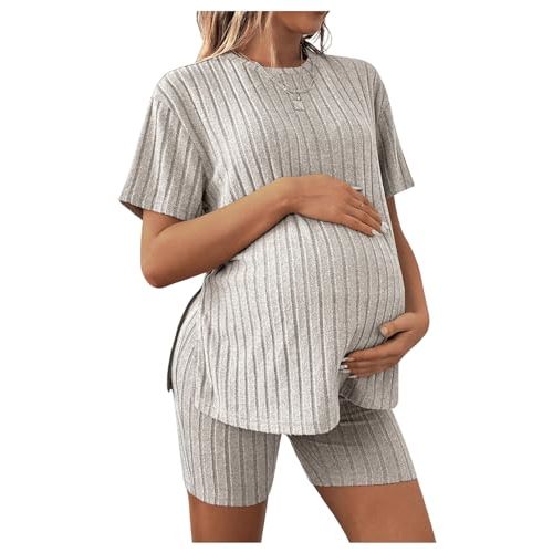 MakeMeChic Women's Maternity Pajamas 2 Piece Lounge Set Ribbed Knit T Shirt Biker Shorts Sleepwear Tracksuit