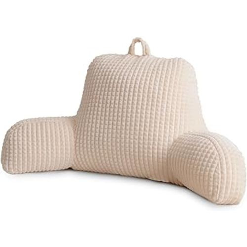 A Nice Night Reading Pillow Bed Wedge Large Adult Children Backrest with Arms Back Support for Sitting Up in Bed/Couch for Lounging Bedrest,Waffle Stereoscopic Design,Ivory