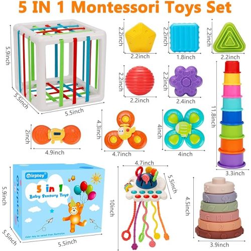 5 in 1 Baby Montessori Toys, Sensory Bin Pull String Teething Toy 0-6 to 12 Month Suction Cup Spinner Infant Travel Bath Toy 6 7 8 18 M+ Soft Stacking Cups Rings Learning Activity Toddler 0-2 Gift Set