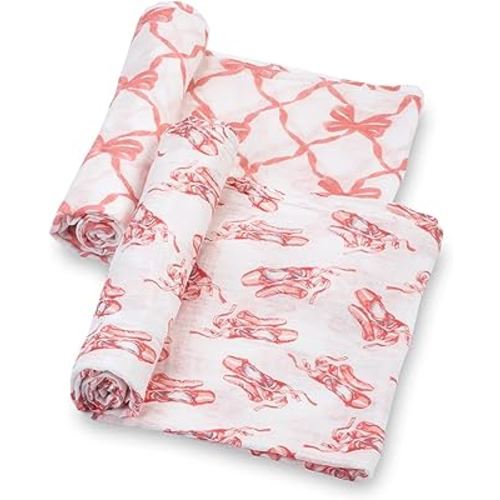 LollyBanks Swaddle Blanket | 100% Muslin Cotton | Newborn and Baby Nursery&nbsp;Essentials for Girls, Registry | Ballet Shoe Pink Bow 2 Pack
