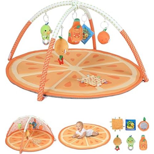 Tummy Time Mat, 9-in-1 Orange Baby Play Gym Mat, Oversize Baby Play Activity Mats with Sunshade & 6 Detachable Sensory Toys, Washable Non-Slip Mat for Newborn Infant Baby Essentials Gift