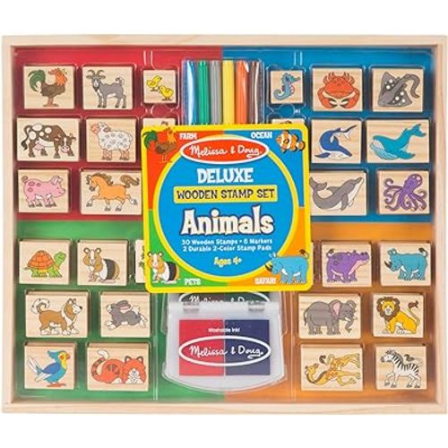 Melissa & Doug Deluxe Wooden Stamp Set: Animals - 30 Stamps, 6 Markers, 2 Stamp Pads Kids Art Projects, Wooden Stamps With Washable Ink, For Kids Ages 4+