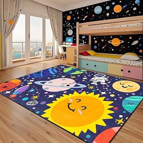Space Rug for Boys Room - Cartoon Solar System Rug Kids Area Rugs for Girls Boys Universe Galaxy Planet Print Area Rugs Outer Space Theme Decor Kids Floor Mat 5x7 Feet