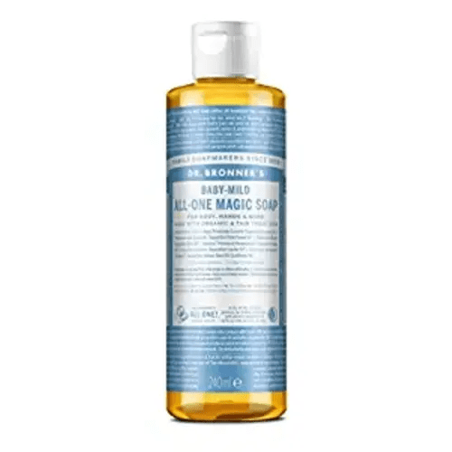 Dr. Bronner's - Pure-Castile Liquid Soap (Baby Unscented, 8 Ounce) - Made with Organic Oils, 18-in-1 Uses: Face, Hair, Laundry, Dishes, For Sensitive Skin, Babies, No Added Fragrance, Vegan, Non-GMO - 8 Fl Oz (Pack of 1)