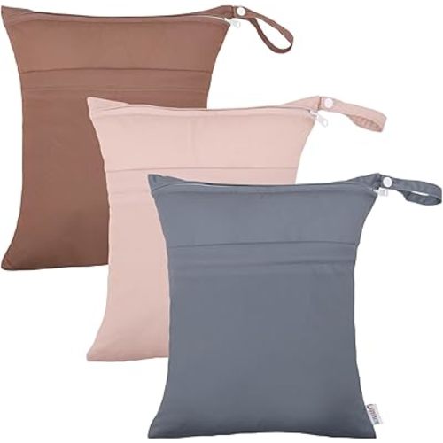 ALVABABY 3pcs Cloth Diaper Wet Dry Bags Waterproof Reusable with Two Zippered Pockets Travel Beach Pool Daycare Soiled Baby Items Yoga Gym Bag for Swimsuits or Wet Clothes 3L-ZM12