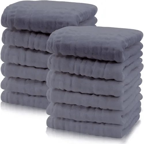 Cute Castle 12 Pack Muslin Baby Washcloths - Large 12'' by 12'' - Ultra Soft 100% Cotton - Super Absorbent Burp Cloths for Unisex, Boy, Girl -Grey
