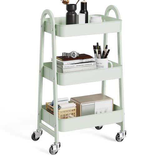 OLIXIS 3 Tier Utility Rolling Cart, Metal Mobile Storage Shelf with Lockable Caster Wheels, Organization for Livingroom, Bathroom, Kitchen, & Narrow Places, Green