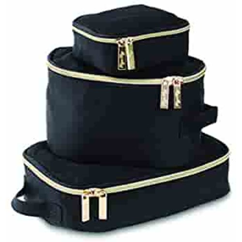 Itzy Ritzy Packing Cubes – Set of 3 Packing Cubes or Travel Organizers; Each Cube Features a Mesh Top, Double Zippers and a Fabric Handle; Black with Gold Hardware