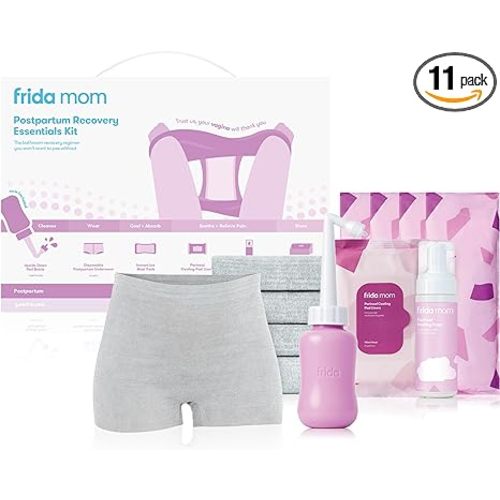 Frida Mom Postpartum Recovery Essentials Kit, Includes Disposable Underwear, Instant Ice Maxi Pads, Perineal Healing Foam, Perineal Healing Pad Liners and Upside Down Peri Bottle (11pc Gift Set) - with Peri Bottle