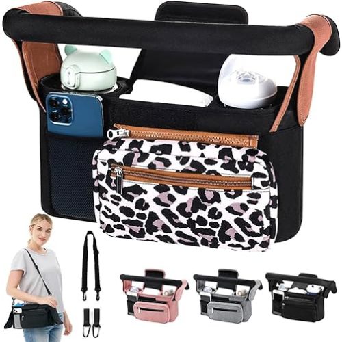 Baby Stroller Organizer, Universal Stroller Organizer with Detachable Phone Bag, Stroller Caddy with 2 Insulated Cup Holders, Buggy Organizer Bag with 2 Hooks Fits Most Strollers (Leopard)