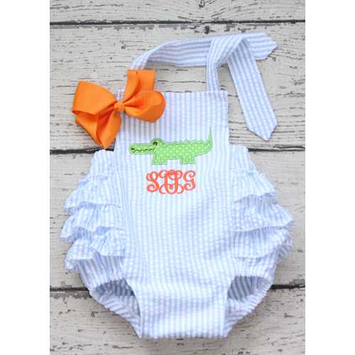 Monogrammed Alligator Seersucker Bubble: Blue & Orange Game Day Ruffle Outfit