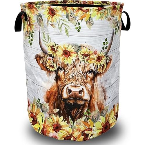 Sunflower Highland Cow Laundry Basket Foldable With Handles Tote Bag Oxford Cloth Funny Animal Laundry Hamper Clothes Storage Bucket Toy Organizer 18.9"x16.5" For Bathroom/Laundry/Bedroom