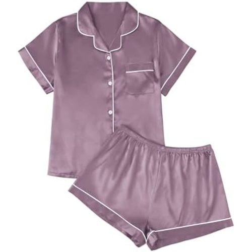 LILLUSORY Silk Satin Pajama Set for Women 2 Piece Lounge Pjs Shorts Matching Summer Sleepwear Button Down Shirt Shorts