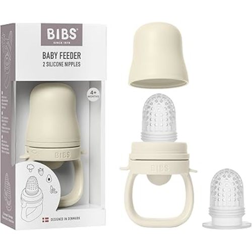 BIBS Baby Feeder with 2 Silicone Nipples, Compatible with Freezer Tray, Easy-Grip, BPA-Free - Ideal for Teething & Self-Feeding, 4+ Months - Ivory