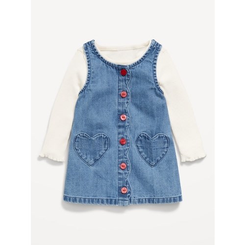 Sleeveless Heart-Pocket Jean Dress and T-Shirt Set for Baby