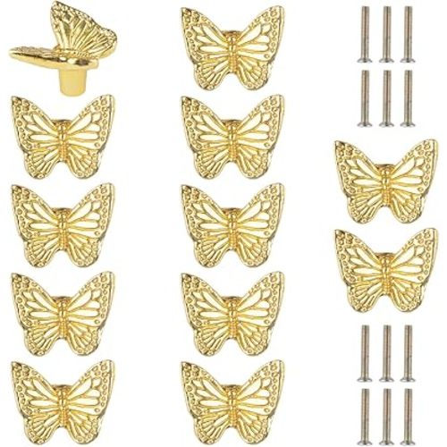 12Pcs Drawer Knob Zinc Alloy Pulls Knobs Antique Pull Handles Single Hole Furniture Cabinet Knobs with Screws for Drawer, Cupboard (Gold Butterfly)
