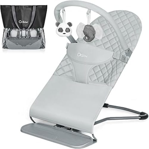 Orzbow Portable Baby Bouncer, Foldable Baby Bouncer Seat with Storage Bag and Removable Play Bar, 3 Recline Positions, 0-12 Months Up to 20lbs, Ergonomic Design, Easy to Wash, Gray