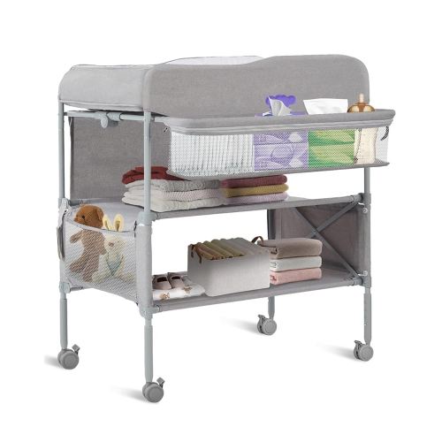 Baby Changing Table with Wheels,Adjustable Height Folding Diaper Station with Nursery Organizer & Storage Rack for Newborn Baby and Infant, Portable Diaper Caddy Shelves and Waterproof Diaper Changing Station