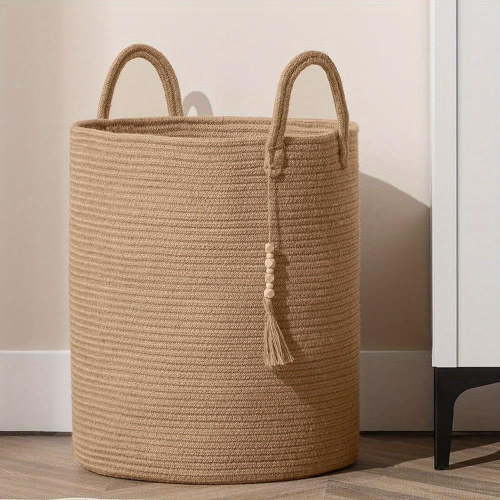 Large Woven Laundry Basket with Handles - Organize Toys, Towels and Clothes in Bedroom, Kids Room, Living Room -Easy To Carry, Foldable, White and Jute