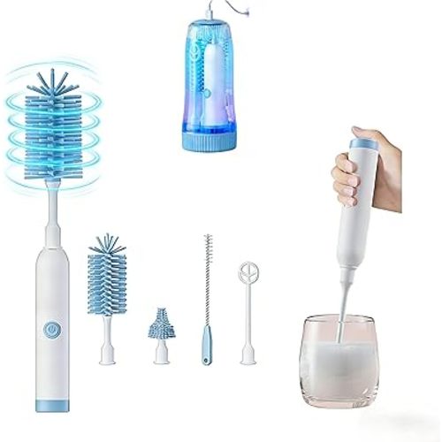 Portable Electric Silicone Bottle Brush Set, 7-in-1 UV Light USB Charging, Nipple/Straw Cleaner, Milk Mixer, Built-in Drying Rack & Storage Case, BPA-Free, IPX7, On-the-Go for New Parents (Sky)