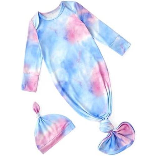 PATPAT Baby Sleeper Gown with Hat for Newborn, Knotted Baby Gown with Fold-Over Mittens for Infant Girl Boy Home Coming Gift